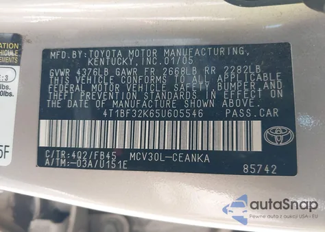 2005 Toyota Camry Le V6 from USA, damaged, VIN 4T1BF32K65U605546